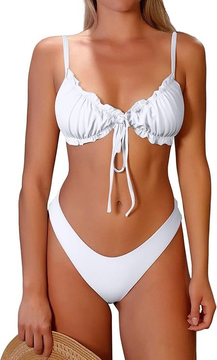 ZAFUL Women's Triangle Bikini Floral Ruffles Bow Tie Up Bikini Set Two Piece Swimsuit | Amazon (US)