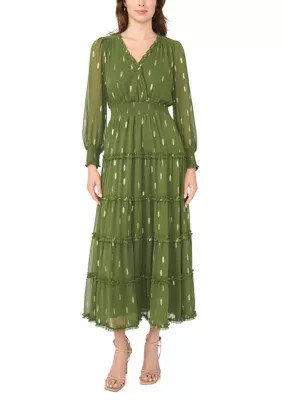 Women's Long Sleeve V-Neck Foil Chiffon Maxi Dress | Belk