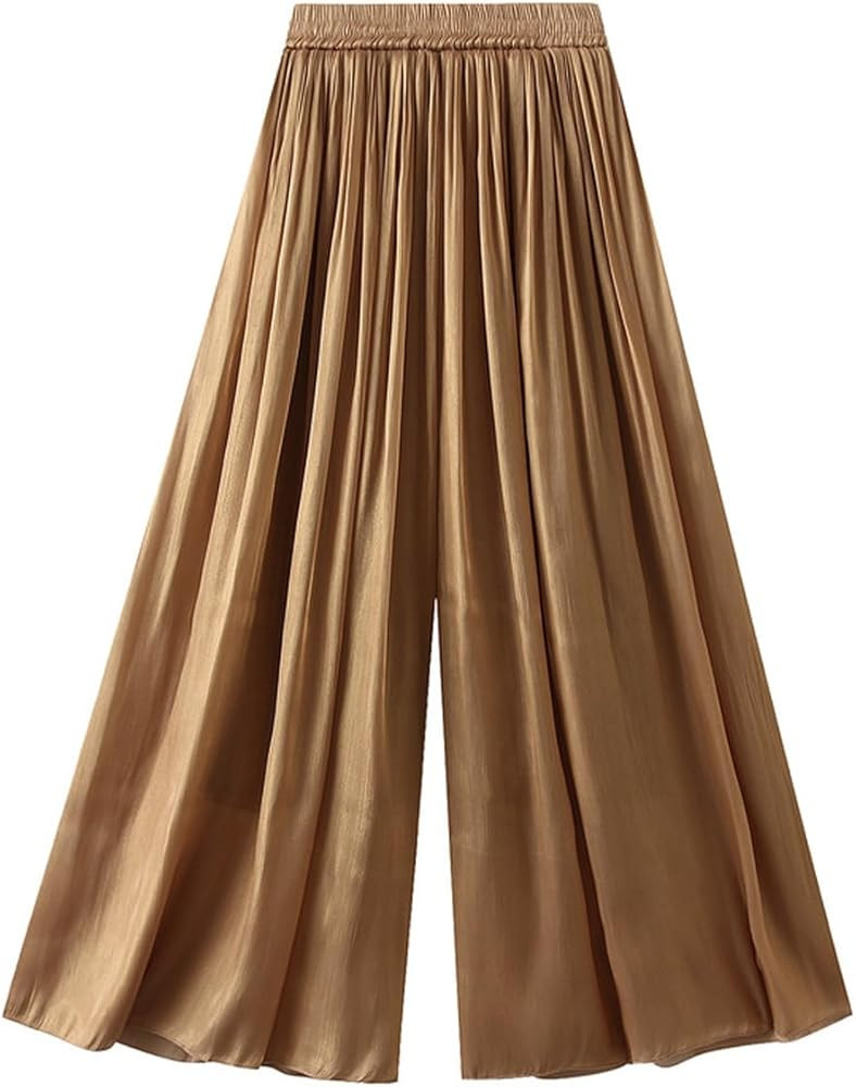 Femiserah Women's Elastic Waist Solid Silk Satin Wide Leg Dress Pants | Amazon (US)