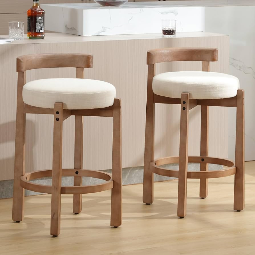 LukeAlon Mid Century Linen Counter Stools Set of 2, Upholstered 26.5” Seat Height Low Barstools... | Amazon (US)