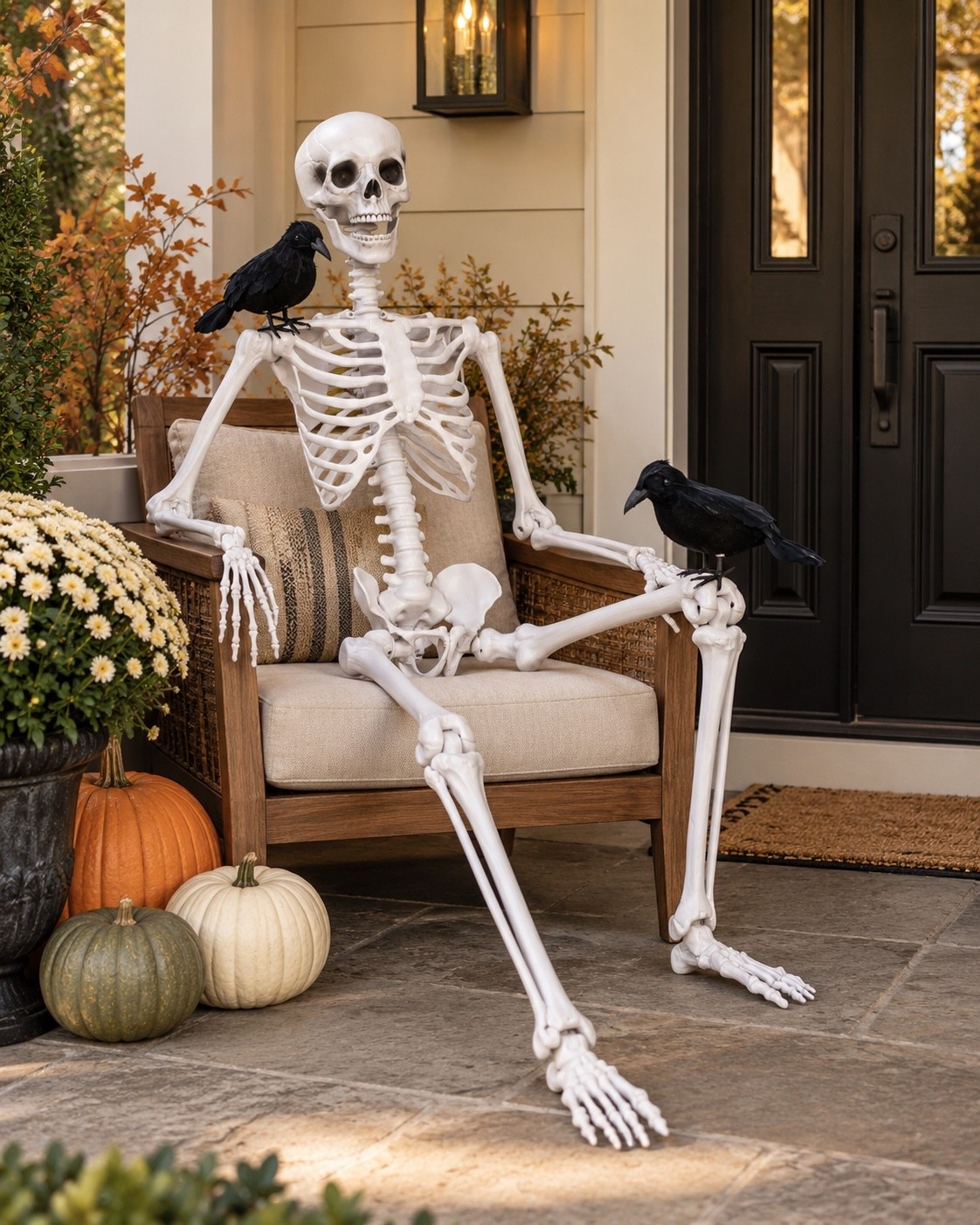 Apparently he lives here now. 💀 This life-size skeleton and his two crow sidekicks are such a fun way to decorate the front porch for Halloween without covering every square inch in spooky decor. Pose him in a chair, on the steps or by the front door for an easy Halloween porch moment that still works with pumpkins, mums and warm fall decor.

life size skeleton, Halloween skeleton decor, Halloween porch decor, Halloween front porch, outdoor Halloween decor, skeleton decoration, spooky season decor, neutral Halloween decor, classy Halloween decor, fall porch decor, Halloween decorating ideas, Halloween home decor, porch styling, Halloween finds, Halloween 2026

#LTKSeasonal #LTKHome #LTKSaleAlert