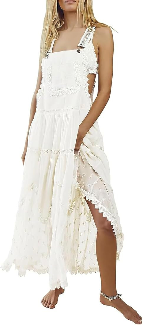 chouyatou Women's Lace Embroidered Tiered Maxi Dress Casual Suspender Strap Bib Overall Jumper Dr... | Amazon (US)