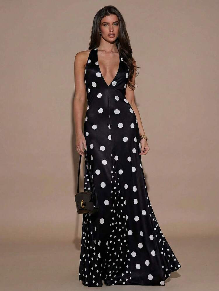 SHEIN BAE Women's Polka Dot Print Halter Backless Sleeveless Dress,Black Dress For Women | SHEIN