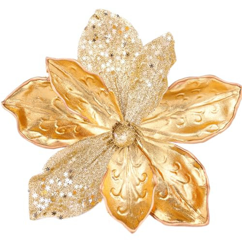 Lotus Hills 10" Velvet Poinsettias Artificial Christmas Flowers, 6pcs Large Glitter Christmas Poinsettia Picks, Floral Stems for Christmas Tree Wreath Garland Decorations DIY Ornaments (Gold | Amazon (US)