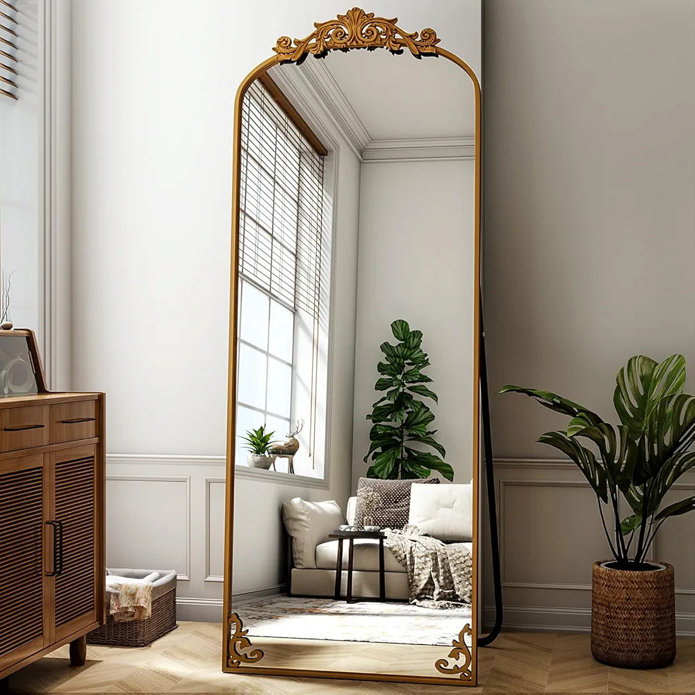 21"x 64" Arched Full Length Mirror, Freestanding Floor Mirror with Carved Metal Frame & Bottom Ar... | Amazon (US)