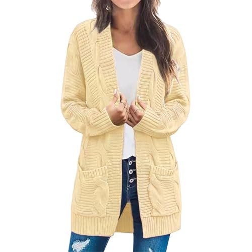 Cable Knit Cardigan Sweaters for Women Fall Long Sleeve Open Front Cardigan Oversized Chunky Outwear Coats with Pocket Beige | Amazon (US)