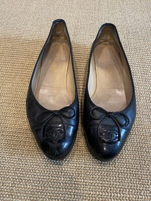 Chanel Ballet Flats Pumps Lambskin & Patent Calfskin Black Size 40.5 | eBay UK