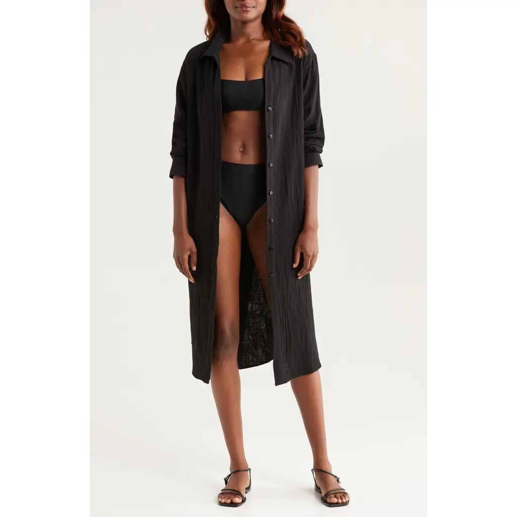 Nordstrom Cotton Gauze Cover-Up Shirtdress in Black at Nordstrom, Size Small | Nordstrom