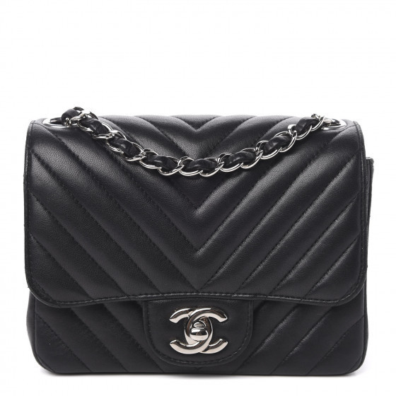 CHANEL Lambskin Chevron Quilted Mini Square Flap Black | Fashionphile