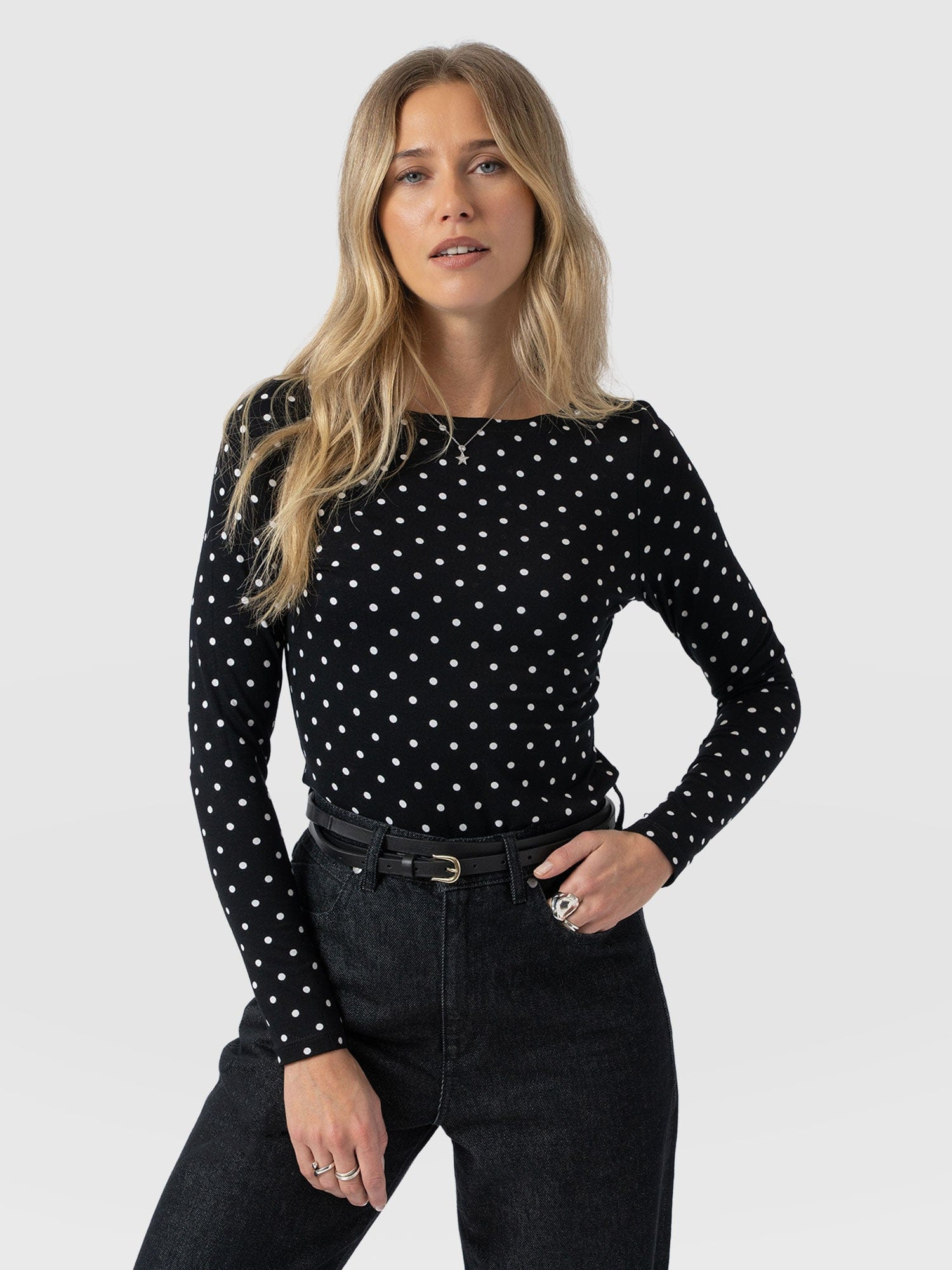 Austen Boat Neck Long Sleeve Tee - Black Polka Dot | Saint + Sofia