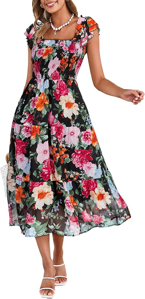 Simplee Women Floral Summer Sun Dress Flutter Sleeve Smocked Chiffon Midi Dress Casual Boho Flowy... | Amazon (US)
