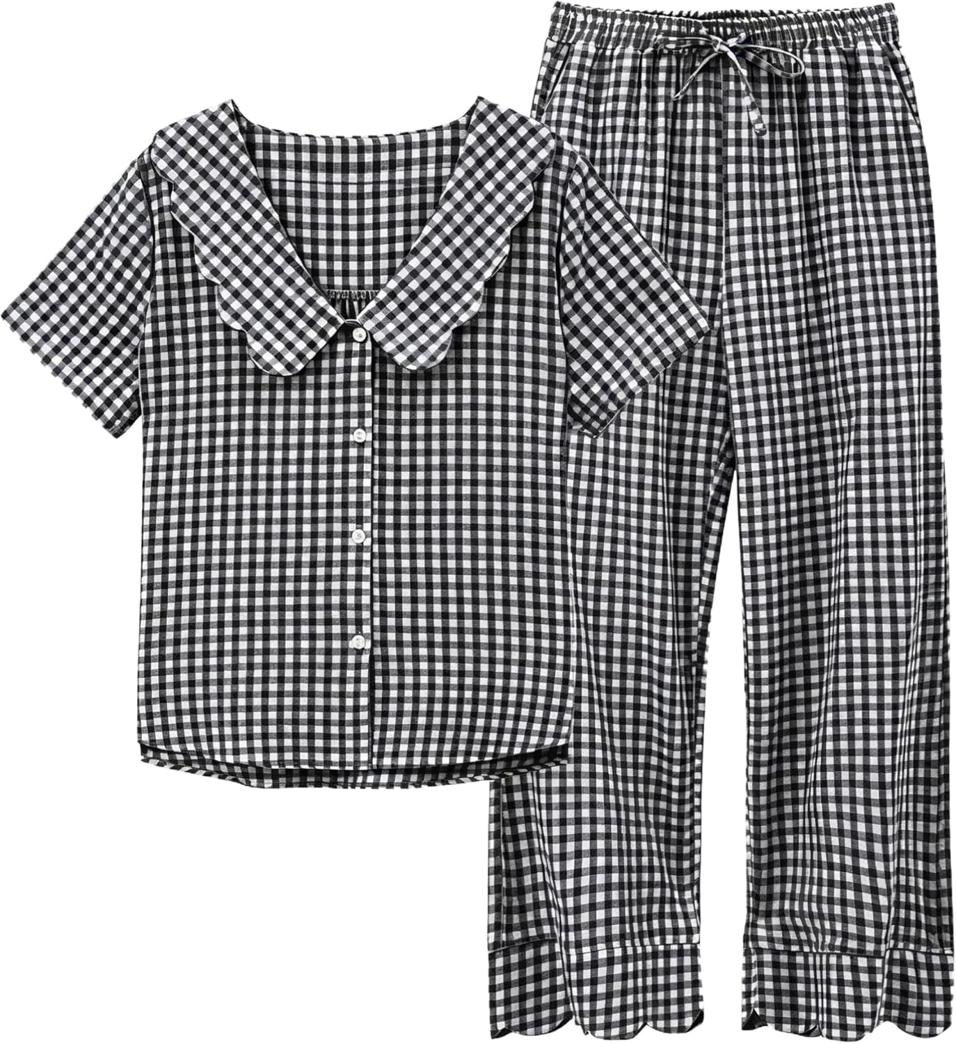 Tanming Womens Gingham 2 Piece Pajamas Sets Puff Sleeve Babydoll Shirt Ruffle Pants Pj Lounge Set Sleepwear | Amazon (US)