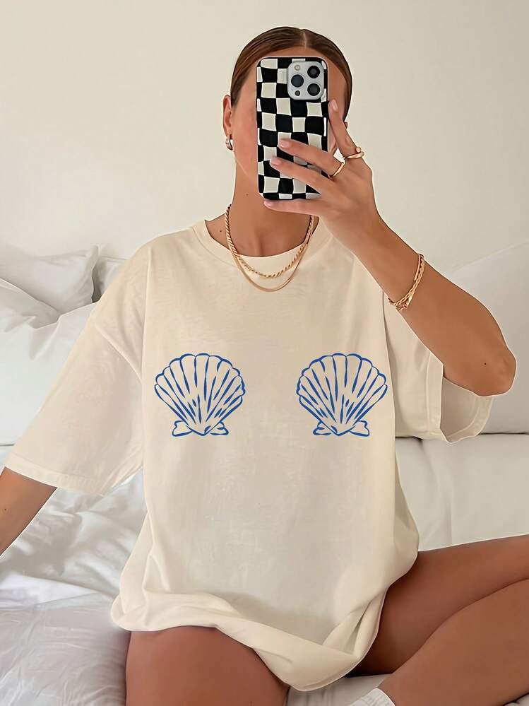 Women's Tropical Shell Print Casual T-Shirt - High Elasticity Round Neck Short Sleeve Top, Machine Washable White Blue Summer Beachwear, All-Season Comfortable Fit, Breathable Fabric, Simple Design, Tops For Women, Vacation Outfits For Women | SHEIN