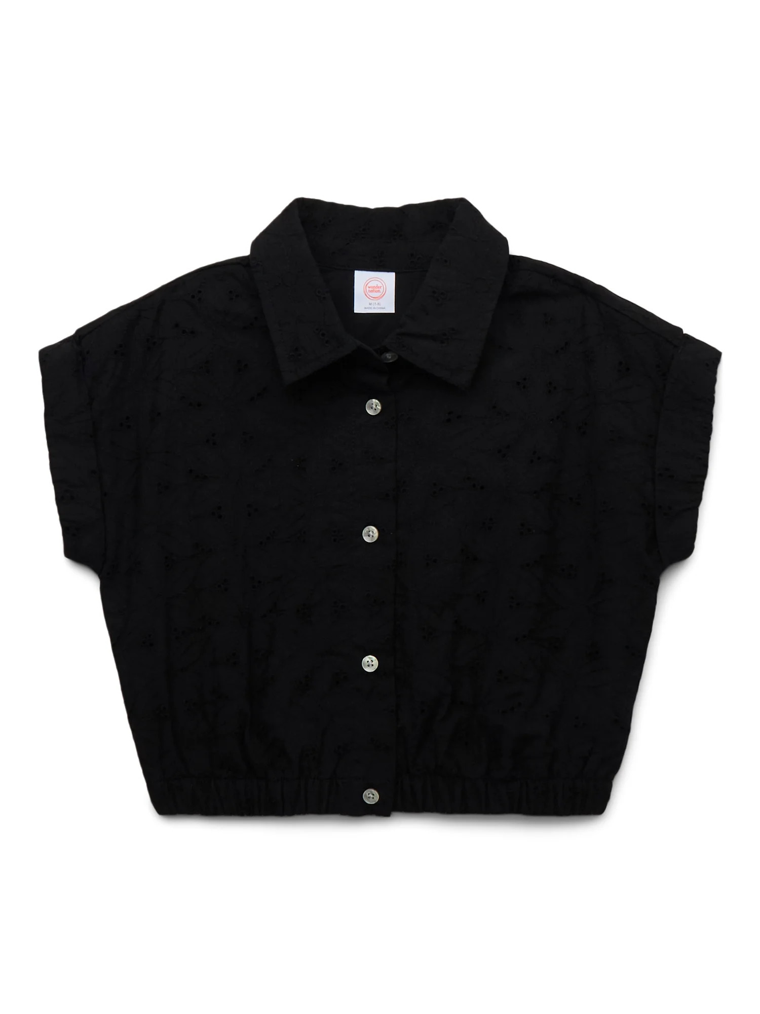 Wonder Nation Girls Eyelet Button Up Top with Short Sleeves, Sizes 4-18 & Plus | Walmart (US)