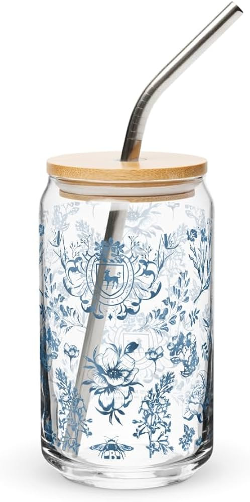 Bridgerton Floral Pattern 16oz (473 ml) Can-Shaped Glass with Bamboo Lid and Straw – Officially... | Amazon (US)