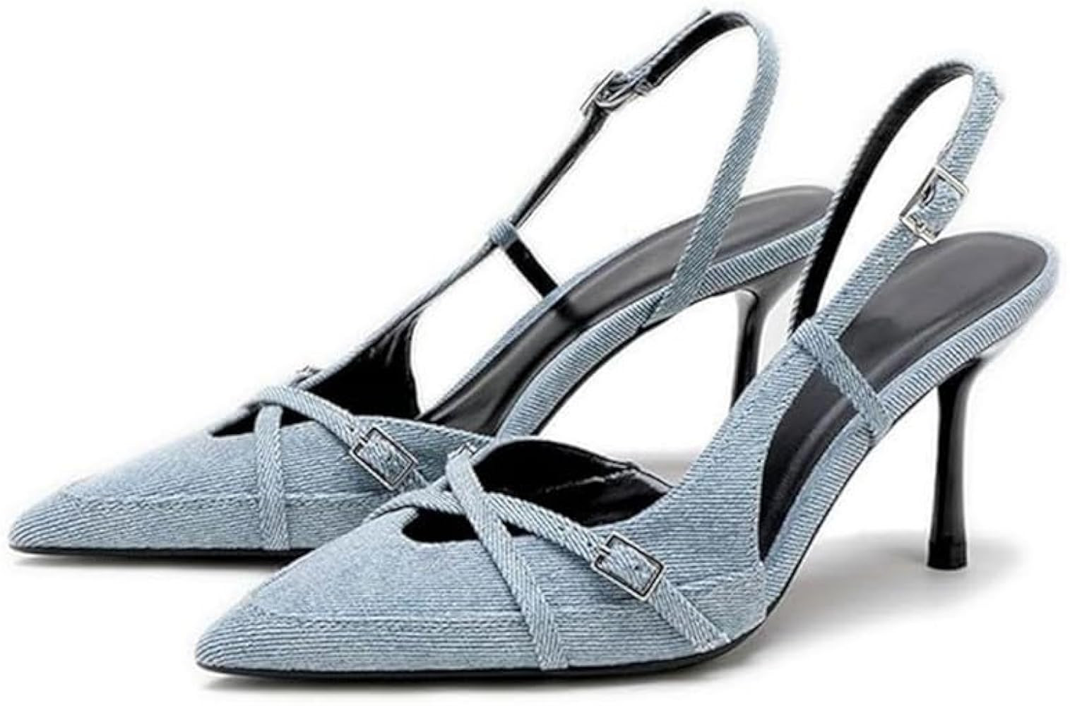 KOKOMOMO Womens High Heel Pointed Toe Slingback Pumps Denim High Heels Dress Shoes | Amazon (US)