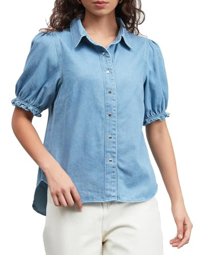 Ladyful Womens Denim Shirt Button Down Puff Short Sleeve Jean Work Blouses Chambray Babydoll Summer Tops | Amazon (US)