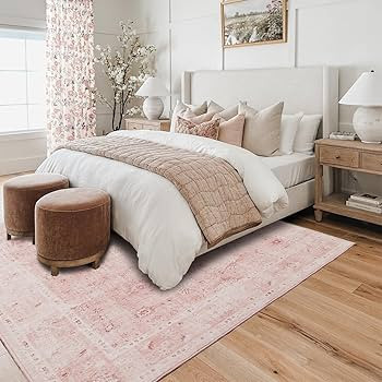 7x9 Area Rug,Machine Washable Non Slip Blush Pink Floral Aesthetic Soft Faux Wool Carpet for Livi... | Amazon (US)