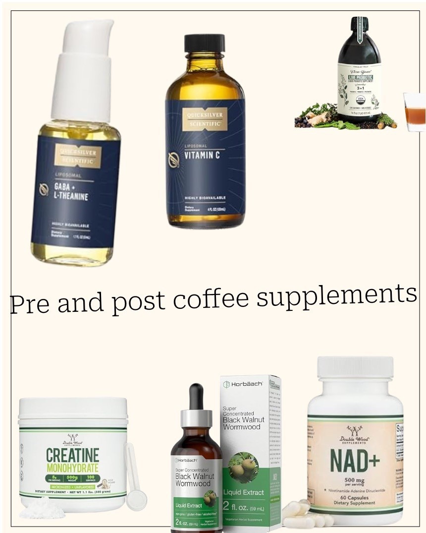 These are all the supplements I take before coffee. The second row you can take midmorning. The supplements help Cell generation, energy influx, detox, and help you look good while you live longer. #dailysupplements 