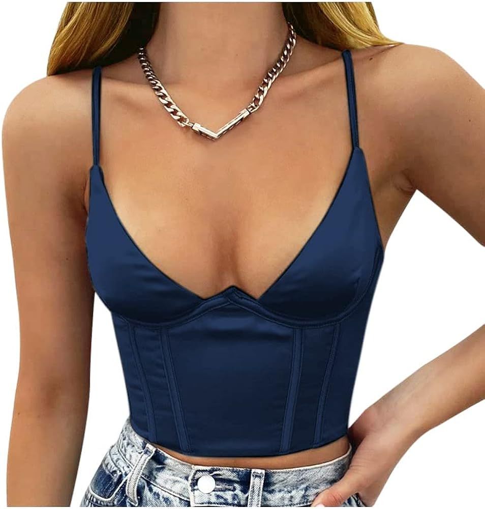 Womens Lace Patchwork Spaghetti Strap Sexy V Neck Crop Top Ribbed Knit Cami Tank | Amazon (US)