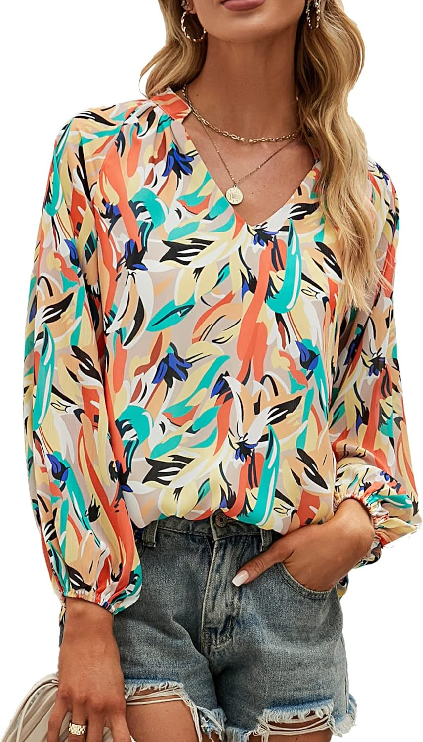 MLEBR Womens Blouses Fashion Long Sleeve V Neck Loose Casual Floral Leopard Printed Chiffon Blous... | Amazon (US)