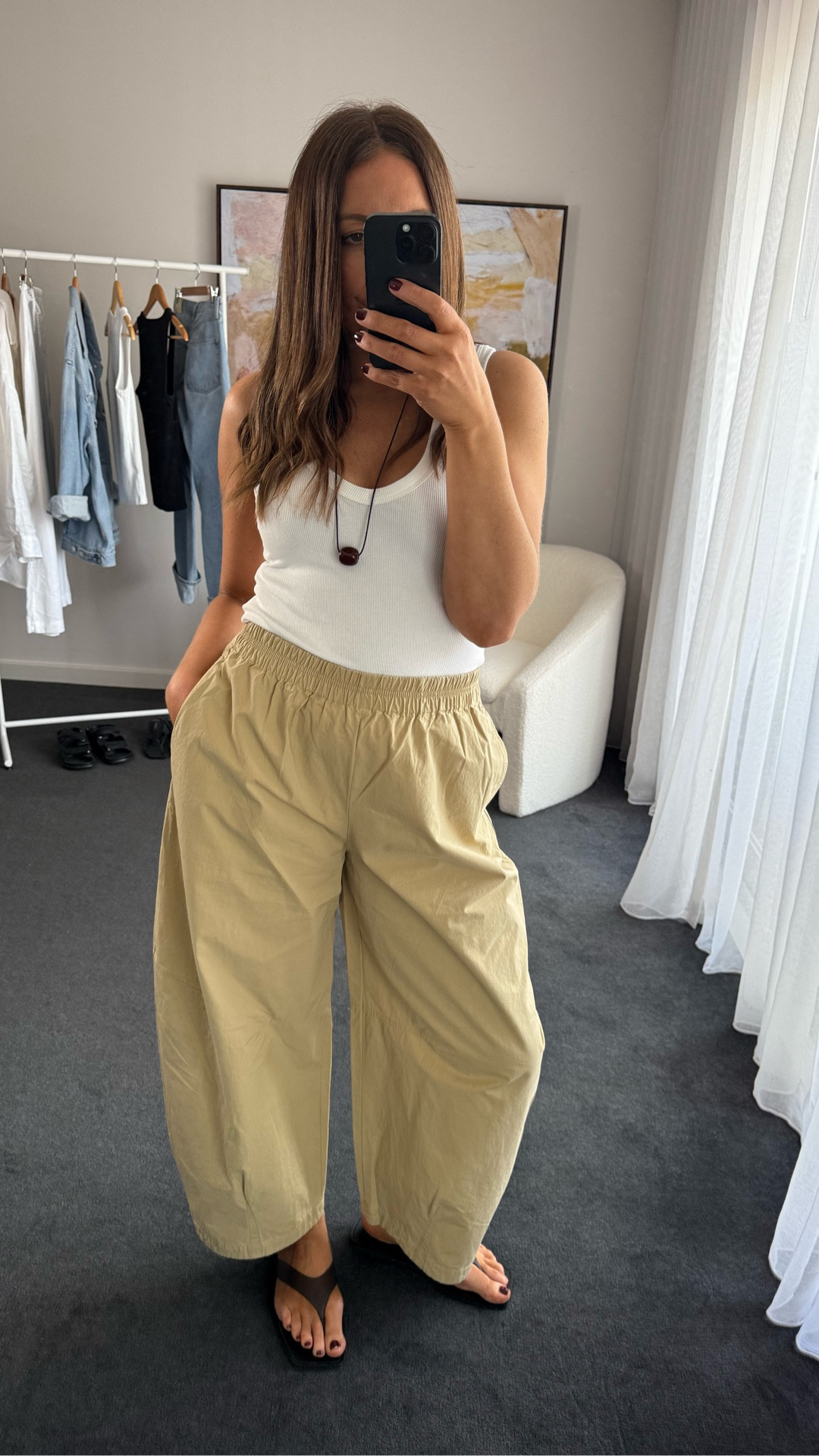 Comfortable summer fit ☀️
Top: Dissh 
Pants: Assembly label
Flip flops: Alias Mae
Necklace: Nuri Studios 