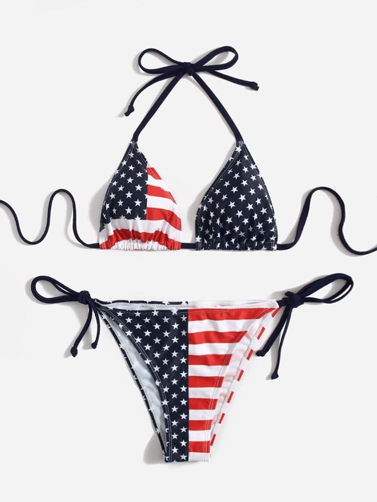 American Flag Halter Triangle Bikini Swimsuit | SHEIN