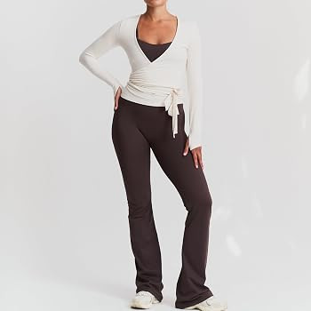 Y2k Ballet Pilates Wrap Top for Women Long Sleeve Deep V Neck Tie Front Workout Yoga T Shirt Blou... | Amazon (UK)