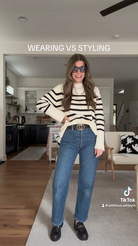 Wearing vs styling: class sweater
Striped sweater: size small in beige
Levi’s jeans: size 26
Loafers: size 6
Belt and sunnies 

#LTKVideo #LTKHoliday #LTKSeasonal