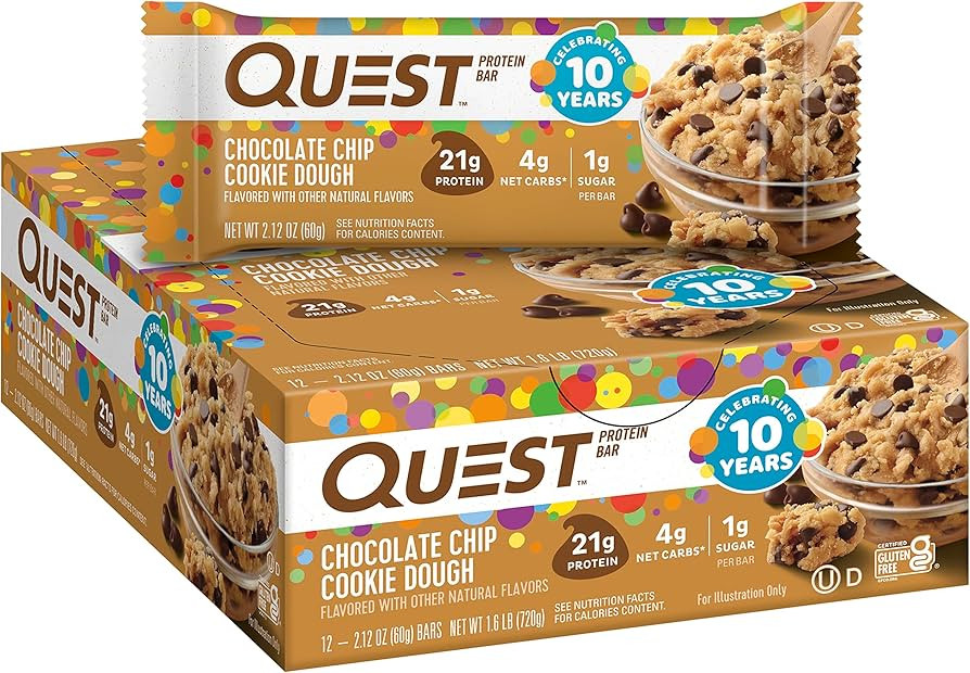 Quest Nutrition Chocolate Chip Cookie Dough Protein Bars, High Protein, Low Carb, Gluten Free, Ke... | Amazon (US)