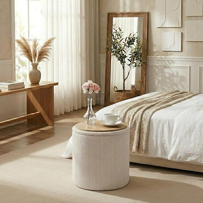 Joveco 14.5" Storage Ottoman with Reversible Wood Tray, Ivory White Corduroy Ottoman for Living R... | Amazon (US)