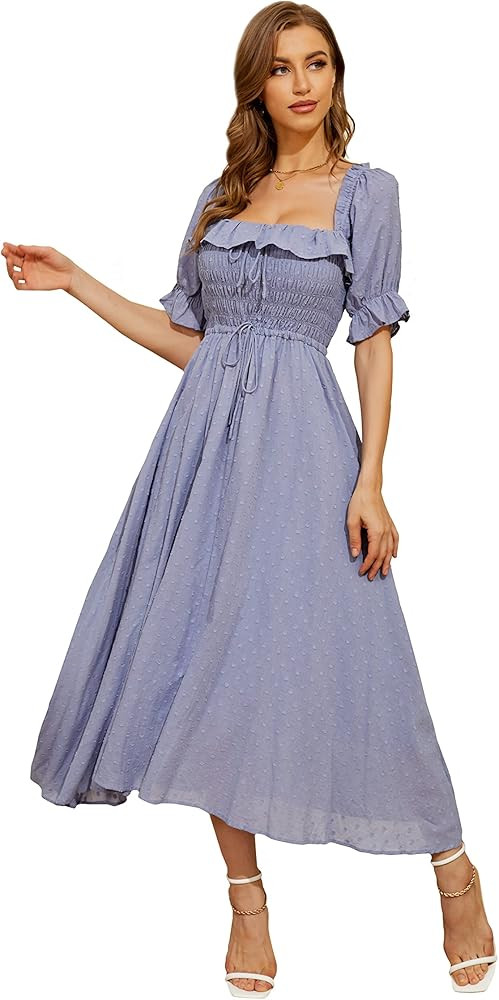 R.YIposha Women Vintage Elastic Square Neck Ruffled Half Sleeve Summer Backless Beach Flowy Maxi ... | Amazon (US)