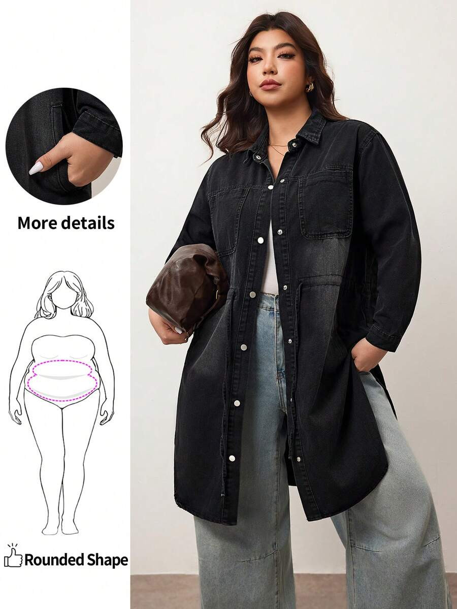 Women's Plus Size Solid Color Simple Daily Long Sleeve Denim Jacket, Fall Women Clothes, For Appl... | SHEIN