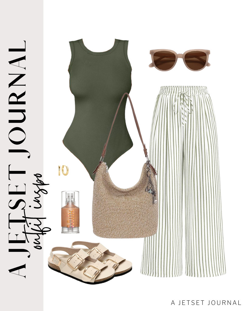 Start the last outfit by combining an ANRABESS bodysuit with striped PRETTYGARDEN pants. Project Cloud beach sandals go well with this fit. To style it, carry a spacious leather bag and sunnies.

#LTKSeasonal #LTKSaleAlert #LTKTravel
 

 