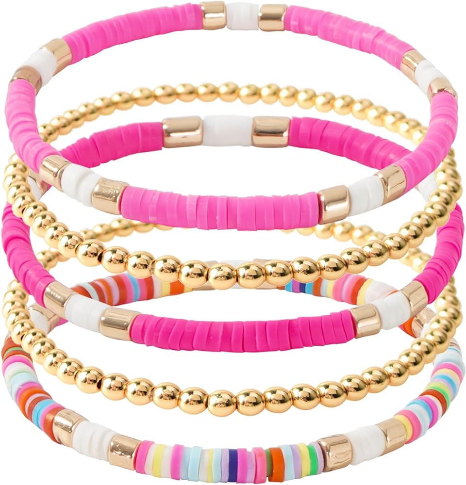 GOOJIDS Surfer Heishi Clay Bead Bracelets for Women Bohemian Stackable Evil Eye Vinyl Disc Beaded... | Amazon (US)