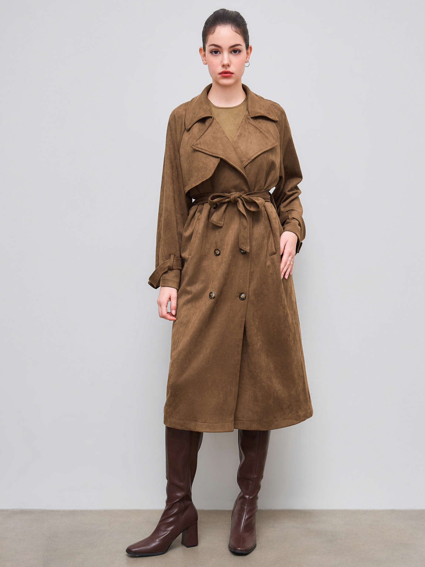 Double Breasted Suede Oversized Trench Coat With Belt | Cider
