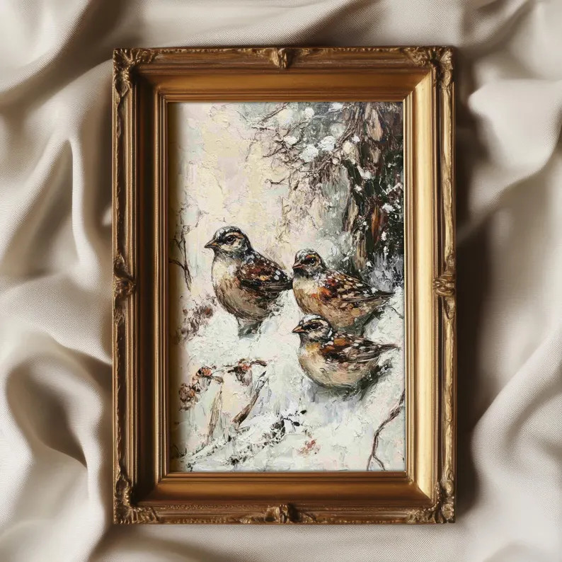 Sparrows in the Snow Wall Art Print Vintage Winter Painting | Neutral Cottage Winter Decor | PRIN... | Etsy (US)