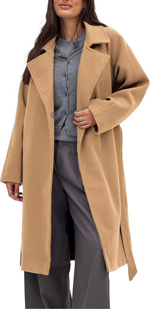 Belted Coat for Women Winter Classic Loose Open Front Notch Lapel Trench Peacoat Long Outwear wit... | Amazon (US)
