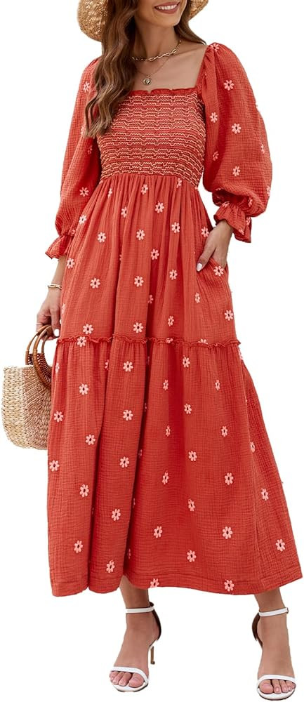 Women Floral Embroidered Maxi Dress Long Puff Sleeve Square Neck Bohemian Flowy Dress with Pocket... | Amazon (US)