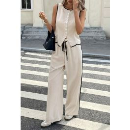 Contrast Binding Buttoned Top and Wide-Leg Pants Set for Office Casual & City Errands | Chicwish