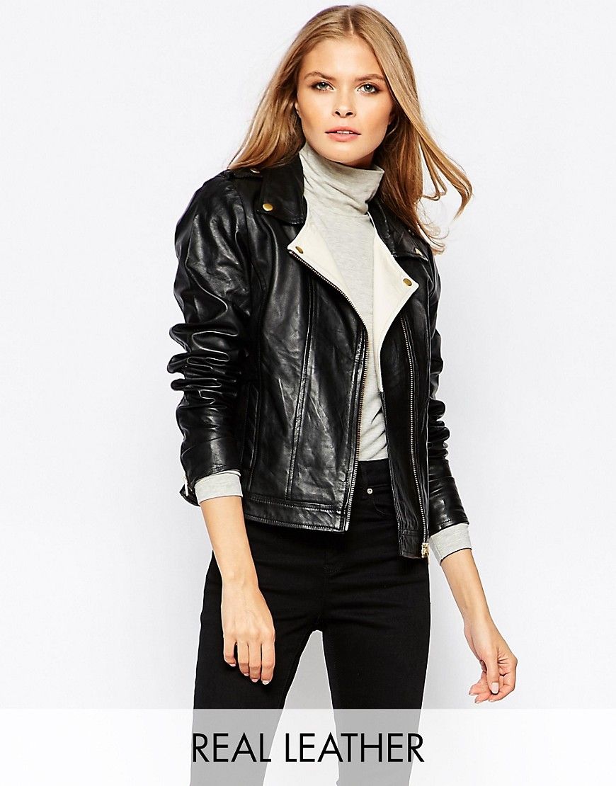 Y.A.S Black Leather Jacket With Contrast White Lapel - Black | ASOS US