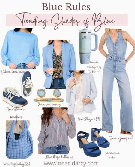 Blue Rules
A spring color your going to love💙🩵

A color that reminds me of the ocean and beautiful beach days! Is perfect to bring into your wardrobe for Spring.

A little coastal vibe and can also look so chic… stay tuned for more outfit inspo next week.. for my week in the Blues🩵💙

Denim jumpsuit 
Blue suede candles 
Blazer
New balance sneakers
Julie Vos jewelry 
A perfect sweater
A must have button top
The newer Stanley cup 
Free people bag

#LTKMostLoved 

#LTKstyletip #LTKfindsunder100 #LTKworkwear