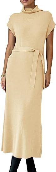 Womens Turtleneck Cap Sleeve Sweater Dress Ribbed Knit Side Slit Tie Waist Trendy Maxi Pullover D... | Amazon (US)