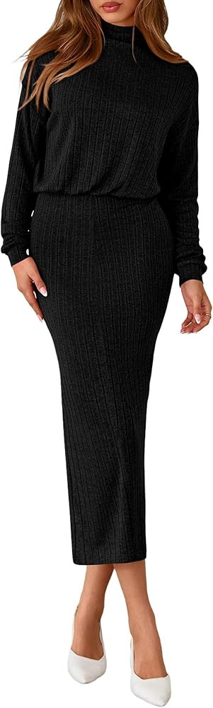 PRETTYGARDEN Turtle Neck Dresses for Women 2025 Fall Knit Outfits Slit Elastic Waist Long Sleeve ... | Amazon (US)