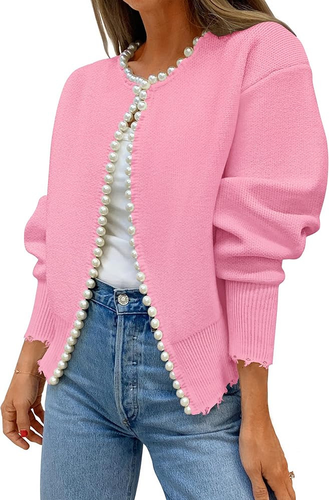 ZESICA Women's Open Front Cardigan Sweater Casual Knitted Long Sleeve Pearls Trim Outerwear Coat ... | Amazon (US)