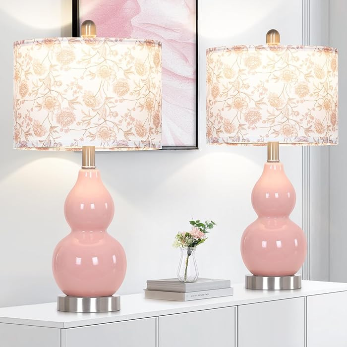 Pink Double Gourd Ceramic Lamps Set of 2 with Flower Lampshade, Modern Table Lamps for Living Roo... | Amazon (US)