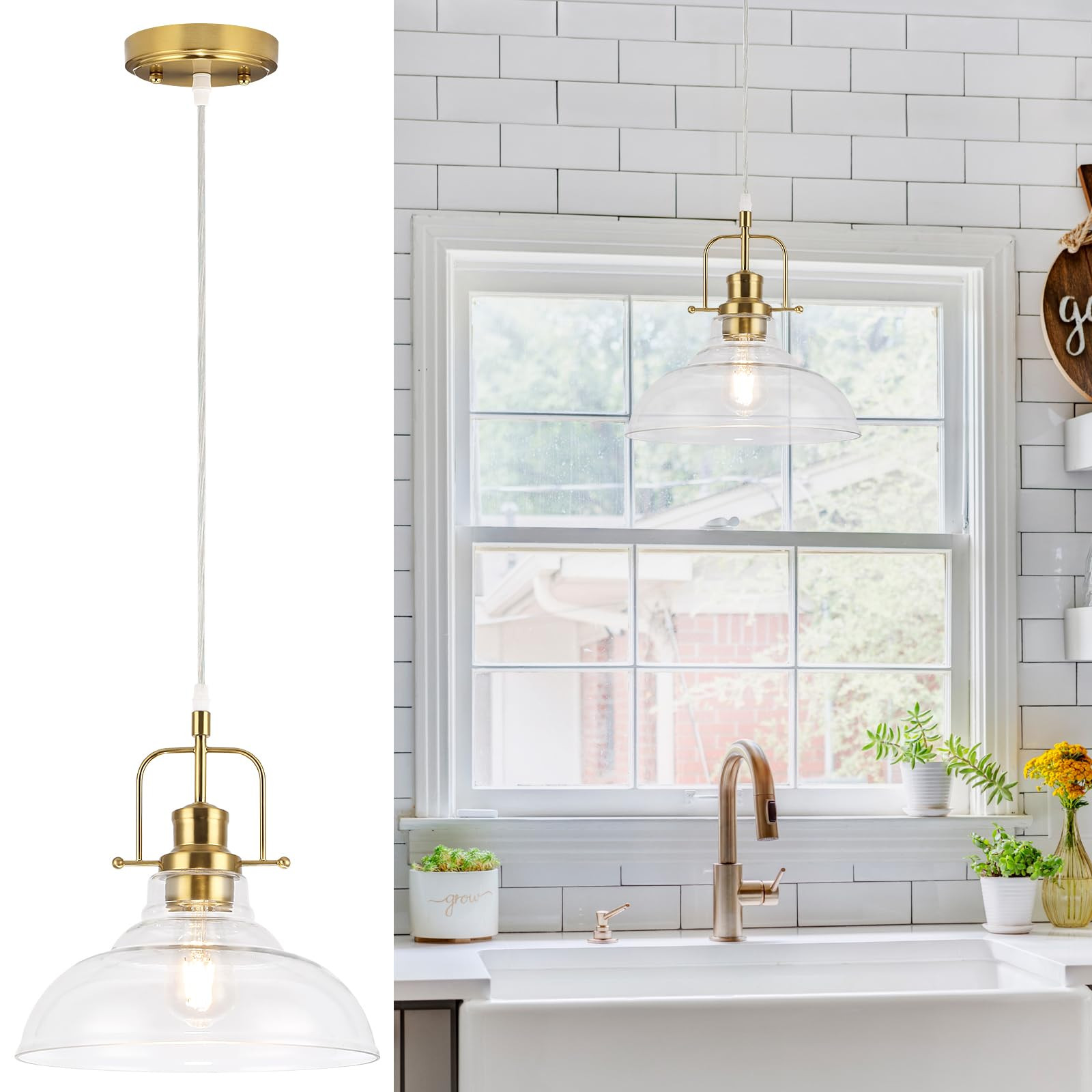 WILON Brushed Nickel Glass Pendant Lights Kitchen Island Lighting, Modern Hanging Lamp for Sink D... | Amazon (US)