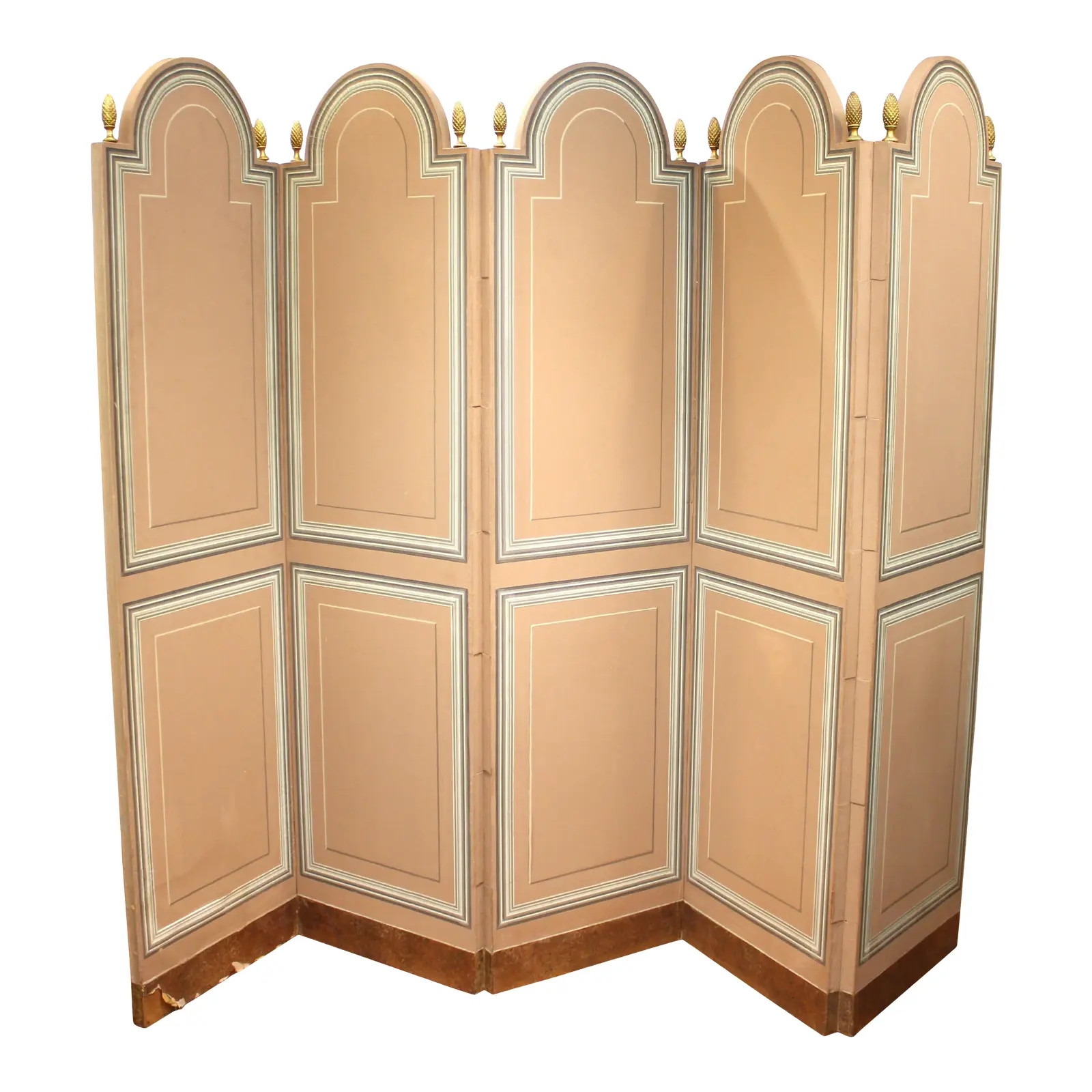 Maison Jansen Folding Screen in Pink with Pinecone Finials | Chairish