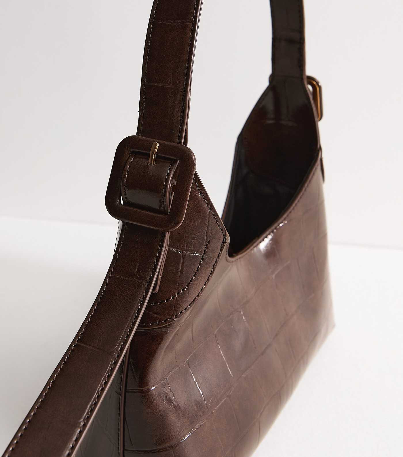 Dark Brown Faux Leather Crocodile Embossed Buckle Shoulder Bag | New Look | New Look (UK)