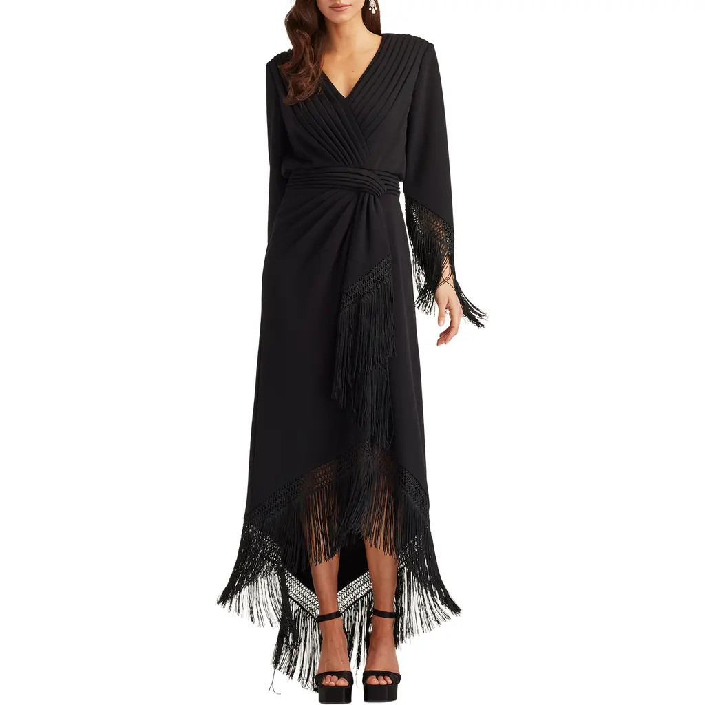 Tadashi Shoji Fringe Detail Long Sleeve Gown in Black at Nordstrom, Size Small | Nordstrom